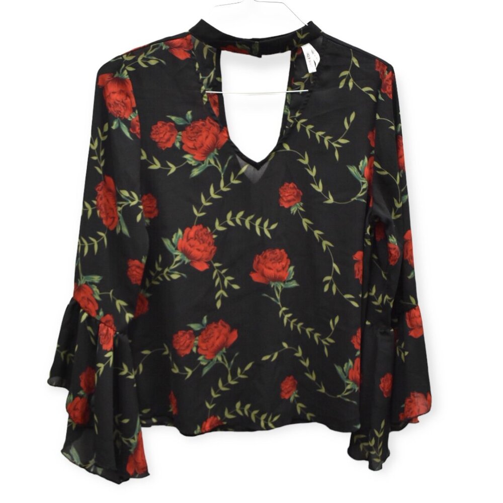 Live 4 Truth Blouse L Womens Rose Printed Flare Sleeve Cutout Back Polyester